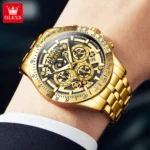 OLEVS Lxuxry Brand Gold Men's Watches Full Skeleton Stainless steel Chronograph Wristwatch Waterproof Luminous Quartz Watch Men - Image 2