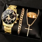 4pcs gold alloy Roman with calendar men's quartz watch and cross necklace bracelet ring set selected gift - Image 8