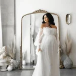 2024 Boho Maternity Dress Gauze Shoulderless Long Train Bohemian Maternity Photo Shoot Dress - Image 3