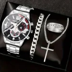 4pcs gold alloy Roman with calendar men's quartz watch and cross necklace bracelet ring set selected gift - Image 9