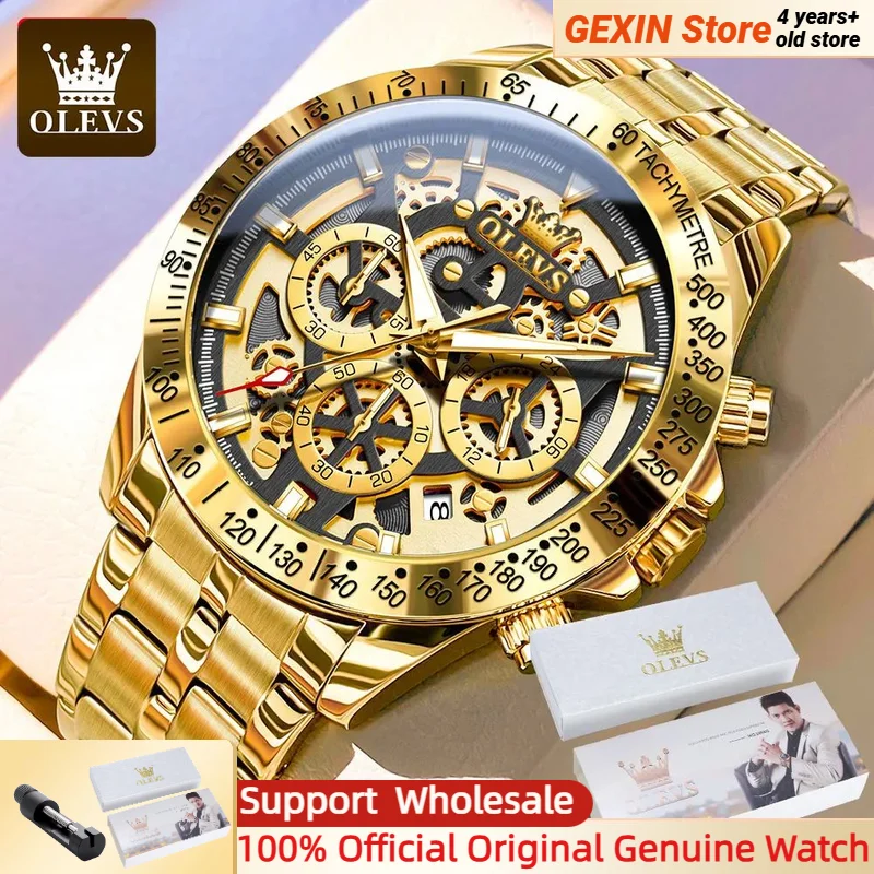 S161bd908c67d4bb58ec877afdd1f4031g.webp OLEVS Lxuxry Brand Gold Men's Watches Full Skeleton Stainless steel Chronograph Wristwatch Waterproof Luminous Quartz Watch Men - Image 1