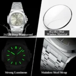 POEDAGAR Fashion Square Men Clock Waterproof Luminous Date Week Man Wristwatch High Quality Stainless Steel Quartz Men's Watches - Image 4