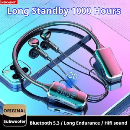NEWMSNR Long Endurance LED Bluetooth Earphones HiFi Sound Earbuds Wireless Headphone Sports Gamer Neckband Neck-hanging Headsets