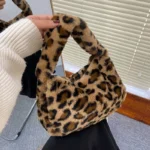 Y2k Korean Plush Retro Leopard Print Bags for Women Underarm Bags Leopard Zebra Pattern Fluffy Tote Bags Small Purses Handbags