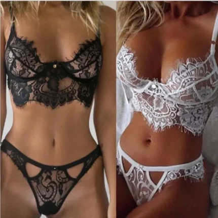 섹시팬티 Ultra Thin Lace Sexy Lingerie Set Hot Underwear Women Set Bra and Panty Thong Set Transparent Lace Black Open Intimates