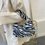 Y2k Korean Plush Retro Leopard Print Bags for Women Underarm Bags Leopard Zebra Pattern Fluffy Tote Bags Small Purses Handbags - Image 3