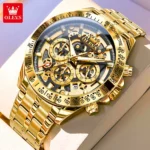 OLEVS Lxuxry Brand Gold Men's Watches Full Skeleton Stainless steel Chronograph Wristwatch Waterproof Luminous Quartz Watch Men - Image 9