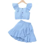 Kid Girls Summer Princess Clothing Set Flutter Sleeve Plain Color Tops+Short Skirt Sweet Style Party Wear For Child 8-12 Years - Image 7