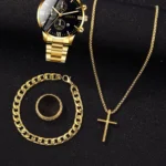 4pcs gold alloy Roman with calendar men's quartz watch and cross necklace bracelet ring set selected gift - Image 2