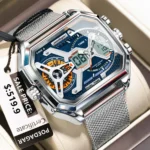POEDAGAR Top Fashion Men Clock Rectangle Waterproof Date Week LED Man Watch Electronic Mesh Stainless Steel Quartz Men's Watches - Image 10