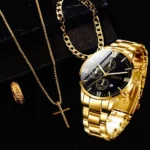 4pcs gold alloy Roman with calendar men's quartz watch and cross necklace bracelet ring set selected gift - Image 3
