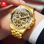 OLEVS Lxuxry Brand Gold Men's Watches Full Skeleton Stainless steel Chronograph Wristwatch Waterproof Luminous Quartz Watch Men - Image 3