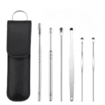 Stainless Steel Ear Digging Spoon Leather Cover 6pc Cleaner Scoop Double-Headed Spiral Cleaning Health Care Ear Picking Tool Set - Image 2