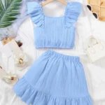 Kid Girls Summer Princess Clothing Set Flutter Sleeve Plain Color Tops+Short Skirt Sweet Style Party Wear For Child 8-12 Years - Image 2
