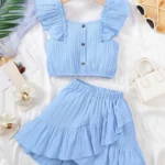 Kid Girls Summer Princess Clothing Set Flutter Sleeve Plain Color Tops+Short Skirt Sweet Style Party Wear For Child 8-12 Years