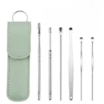 Stainless Steel Ear Digging Spoon Leather Cover 6pc Cleaner Scoop Double-Headed Spiral Cleaning Health Care Ear Picking Tool Set - Image 3