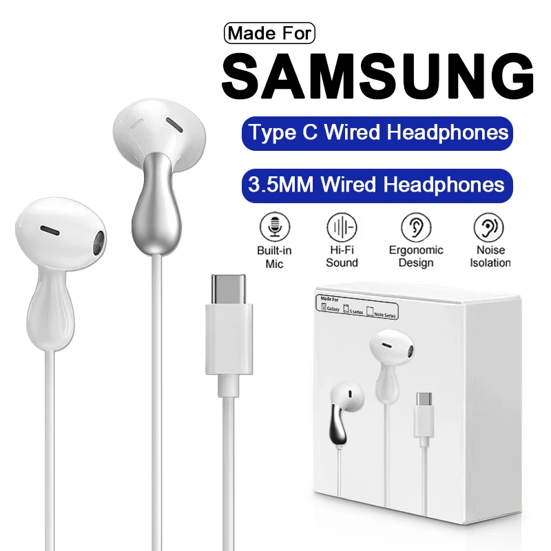 Sbf0d4d0d9a254430bf7a826cb688b9fbO-1.webp Type C Wired Earphone For Samsung Galaxy S24 S23 S22 Ultra USB-C Headphones A53 A52 A34 A54 Note 20 10 3.5mm Jack Earbud Headset - Image 1