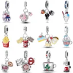Dessert Afternoon Tea Series 925 Silver Coffee Cake Pizza Fries Sweet Charms Beads 3mm DIY Fine Jewelry Making
