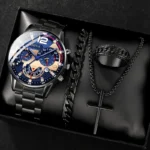 4pcs gold alloy Roman with calendar men's quartz watch and cross necklace bracelet ring set selected gift - Image 7