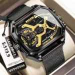 POEDAGAR Top Fashion Men Clock Rectangle Waterproof Date Week LED Man Watch Electronic Mesh Stainless Steel Quartz Men's Watches - Image 7