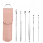 Stainless Steel Ear Digging Spoon Leather Cover 6pc Cleaner Scoop Double-Headed Spiral Cleaning Health Care Ear Picking Tool Set - Image 5