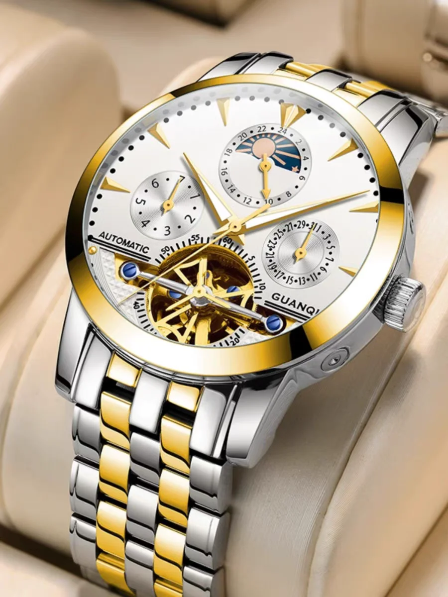 Sf75145a0954c4a1094bcee7c34098125S.webp Guanqin watch fully automatic mechanical men's watch stainless steel waterproof flywheel hollow tide business casual new watch - Image 1
