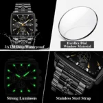 POEDAGAR Business Men Clock Waterproof Luminous Calendar Chronograph Square Man Watch Stainless Steel Quartz Men's Watches Reloj - Image 4