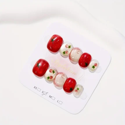 10pcs Festive Red Oval Short Press-On Nails with Cute Tomato Design Glossy Finish Holiday Nail Art Set for Women and Girls Wear - Image 5