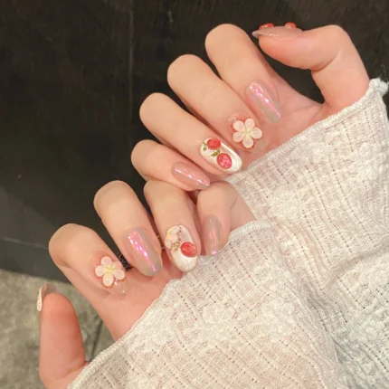 10pcs Festive Red Oval Short Press-On Nails with Cute Tomato Design Glossy Finish Holiday Nail Art Set for Women and Girls Wear - Image 10