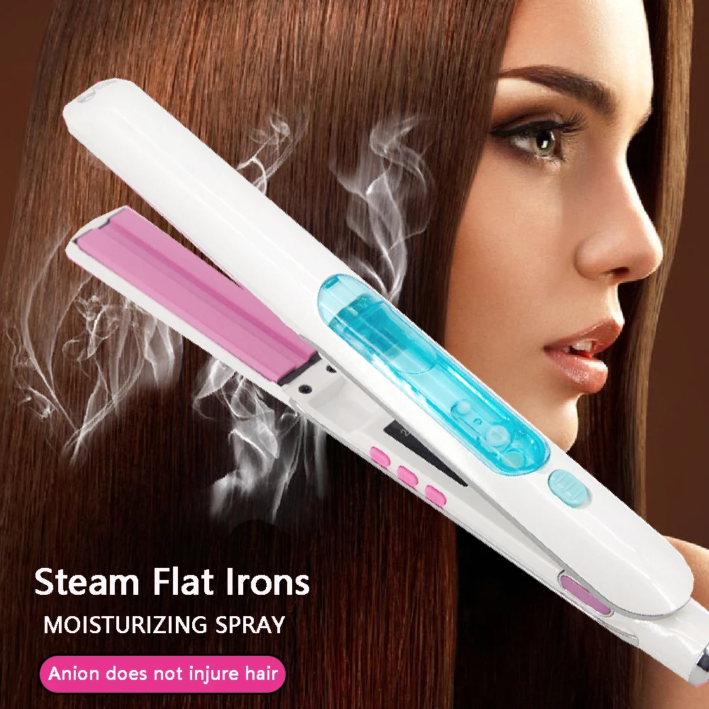 Aa28be91e520541359b0bea931314a575X.webp Steam Hair Straightener Salon Ceramic Vapor Ionic Flat Iron Straightening for Woman 2 in 1 Hair Straight and Curler - Image 1