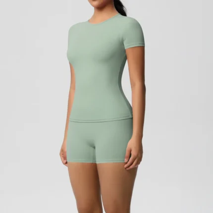 2PC Quick-Drying Gym Leggings Set Summer Short Sleeve Breathable Stretchy GYM Yoga Slim Fitness Active Top Women's cycling short - Image 3