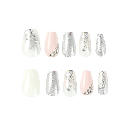 24 Pcs Glossy Short Coffin Press On Nails Pink And White French Style False Nails With Rhinestone Reusable Fake Nails - Image 3