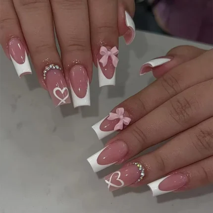 24pcs Sweet Cat Eye French Press on Nails Diamond-Pointed Three Dimensional Bow Knot Wearable Nail For Women&Girl Almond Nail - Image 18