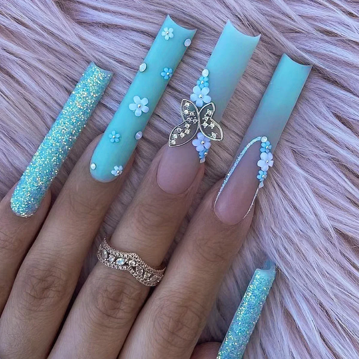 S064c19627cd3409eb616400f0062ca72S.webp 24 Pieces of Long Coffin Shaped Blue Glitter and Gradient Pattern 3D Butterfly Dot Diamond Frosted Fake Nails Summer Series - Image 1
