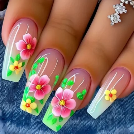 24pcs/set Medium Long fake nails for Spring summer beautiful flowers mushroom bees cute almond square tips press on false nails - Image 12
