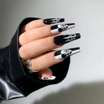 24pcs Press on Nails Punk Black White Patchwork Fire Pattern Long Coffin False Nails Ballerina Fake Nail Art Manicure Full Tips - Image 15
