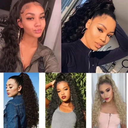 22Inch Synthetic Long Kinky Curly Ponytail Hair Extension Drawstring Wrapped Clip in Hair Black Hairpiecefor Women - Image 5