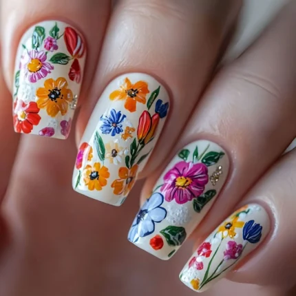 24pcs/set Medium Long fake nails for Spring summer beautiful flowers mushroom bees cute almond square tips press on false nails - Image 6