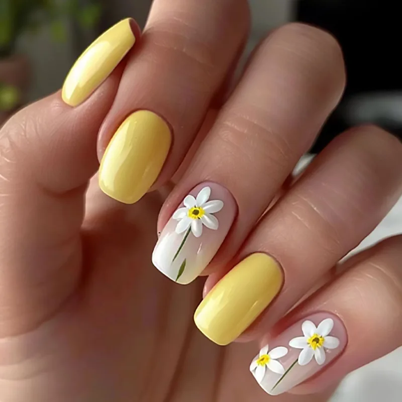 S16fc9fe884444816aaf6be8e1d29a566W.webp 24Pcs Square Press-On Nails in Yellow Fresh&Elegant White Florals Accents False Nails for Women&Girls’ Spring/Summer Daily Look - Image 1
