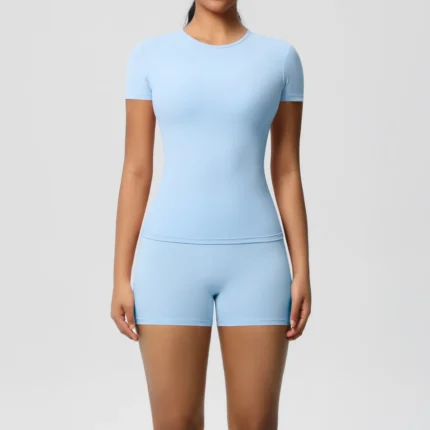 2PC Quick-Drying Gym Leggings Set Summer Short Sleeve Breathable Stretchy GYM Yoga Slim Fitness Active Top Women's cycling short - Image 7