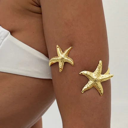 Boho Metal Starfish Open Cuff Bangles for Women Gold Color Punk Flower Geometric Arm Bracelet Summer Beach Party Jewelry Gifts