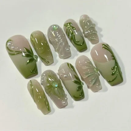 24Pcs Peach Blossom Press on Nails Cat's Eye Nude Glitter False Nail for Women&Girl Spring and Summer Detachable Wearable Nail - Image 12