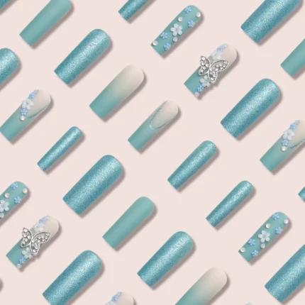 24 Pieces of Long Coffin Shaped Blue Glitter and Gradient Pattern 3D Butterfly Dot Diamond Frosted Fake Nails Summer Series - Image 5