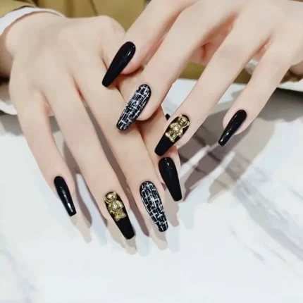 24pcs Press on Nails Punk Black White Patchwork Fire Pattern Long Coffin False Nails Ballerina Fake Nail Art Manicure Full Tips - Image 8