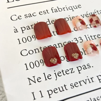 24pc Edgy Maroon Heart Checkerboard Nails Unique Medium-Short Round Press-Ons Available In Various Sizes - Image 5