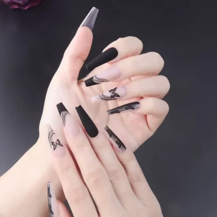 24pcs Press on Nails Punk Black White Patchwork Fire Pattern Long Coffin False Nails Ballerina Fake Nail Art Manicure Full Tips - Image 7