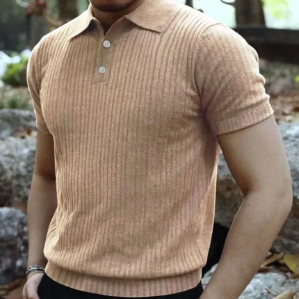 2024 Summer Knit Men's Polo Shirt Business Casual Striped Lapel Short Sleeve Henry Shirt T-shirt Comfortable Men's Clothing - Image 3