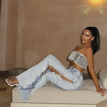 Crystal Chain Women Wide Leg Baggy Jeans High Waist Hollow Out Summer Pants Denim Trousers Y2K Streetwear Side Split Loose Jeans - Image 5