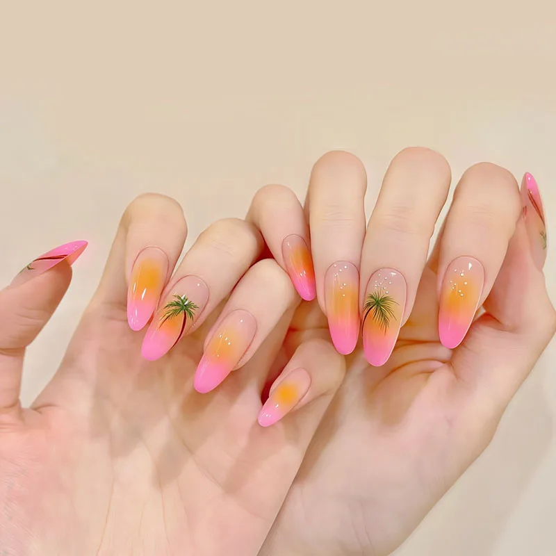 S31b144f9bd204c0ea23ded75325340d8I.webp 24Pcs Summer Island Handmade Press on Nail Coconut Tree Hawaii Refreshing Blush False Nail for Women&Girl Wearable Nail Art - Image 1