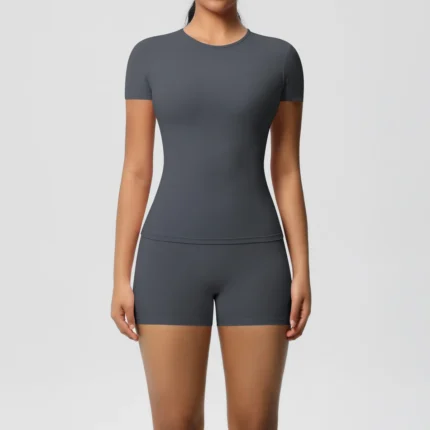 2PC Quick-Drying Gym Leggings Set Summer Short Sleeve Breathable Stretchy GYM Yoga Slim Fitness Active Top Women's cycling short - Image 12